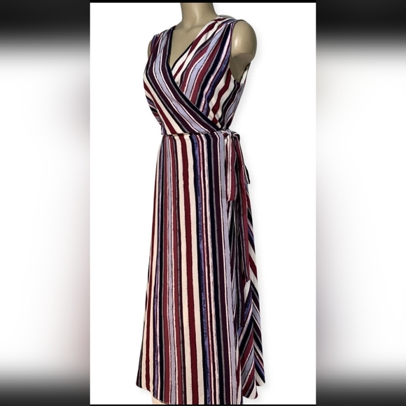 Alex Marie Dresses & Skirts - ALEX MARIE Cassie Striped V-Neck Crepe True Wrap Midi Dress Purple 6